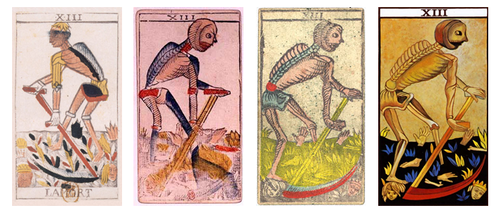 Four images of the Death trump of the Marseilles Tarot
